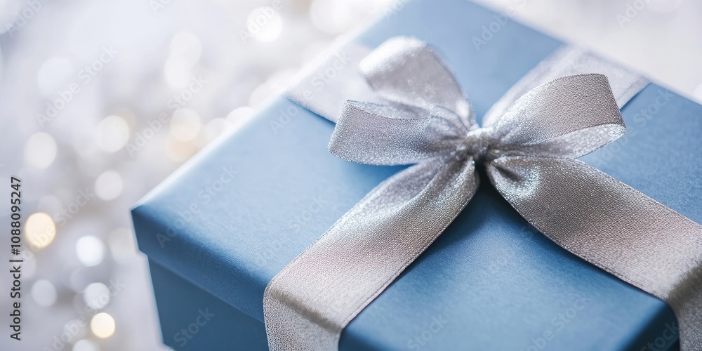 Poster a gift in a blue box with a silver ribbon on a table set against a white background in close-up.