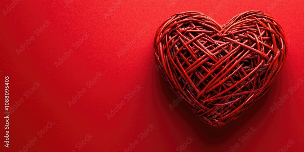 Poster red wicker heart rests on a red paper background. empty copy space for a message. happy valentine's 