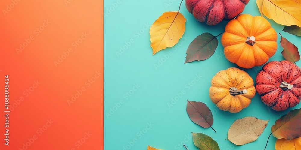 Poster flat lay featuring pumpkins and leaves on a colored paper background with copy space. template for f
