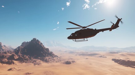 Helicopter flying over desert landscape.