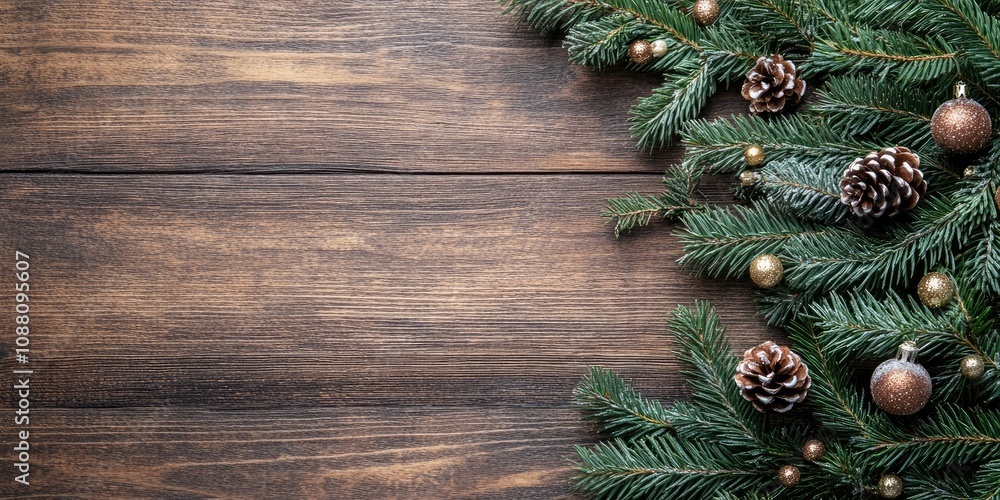 Poster christmas and new year arrangement on a wooden surface. postcard featuring a fir branch and decorati