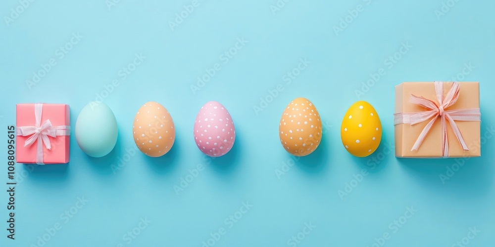 Poster easter holiday backdrop featuring eggs. a top view of a row of colorful painted chicken eggs alongsi