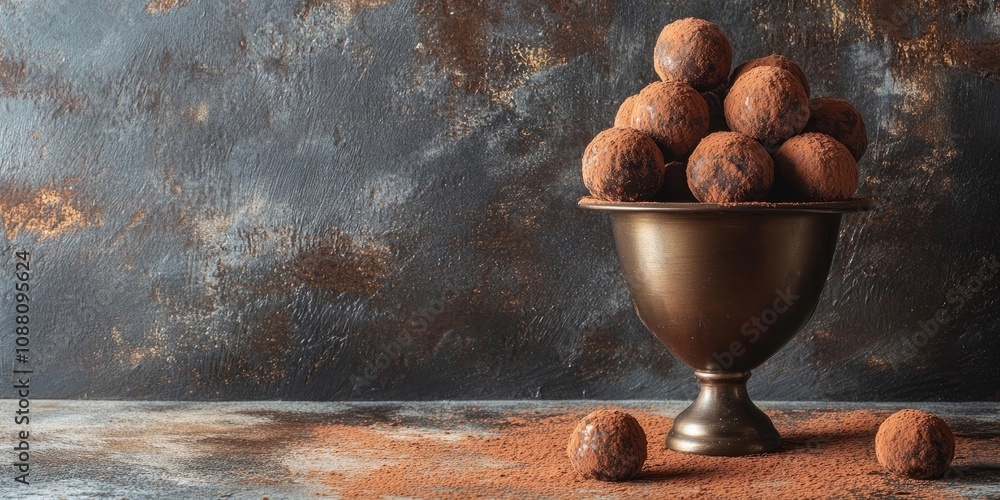 Aufkleber chocolate truffles in an aged brass vase dusted with cocoa powder. copy space.