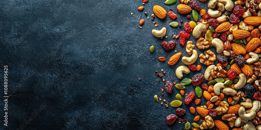 Poster a variety of nuts and dried fruits on a dark background. healthy food and snack option. top view wit