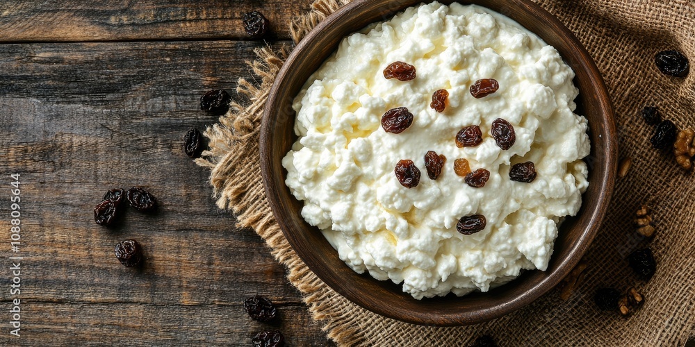 Aufkleber Cottage cheese in a bowl with sour cream and raisins on a rustic wooden background, featuring copy space for your text. Top view.