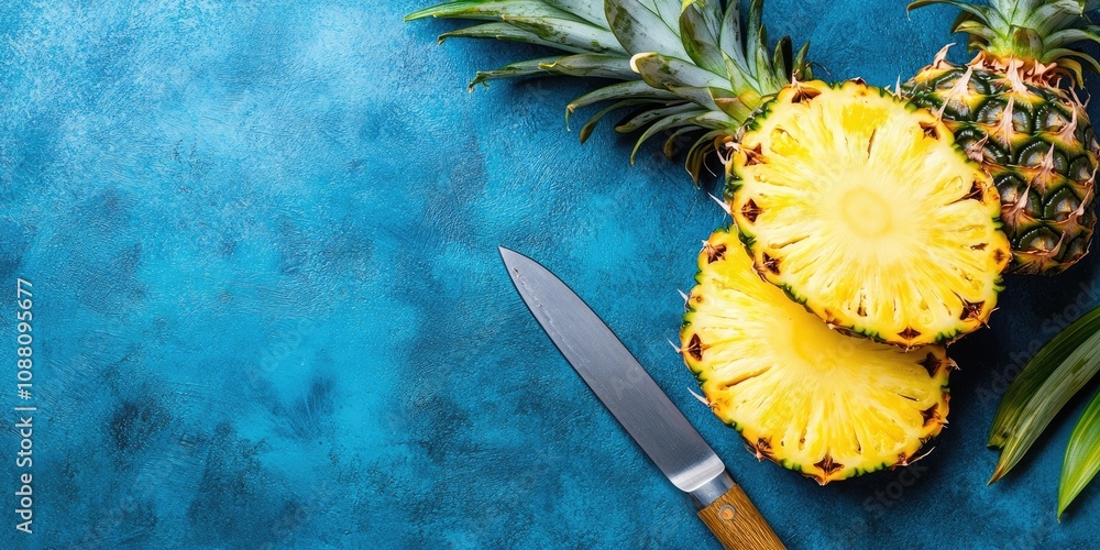 Poster pineapple sliced with a knife on a blue backdrop. vertical image. copyspace for design. summer food 