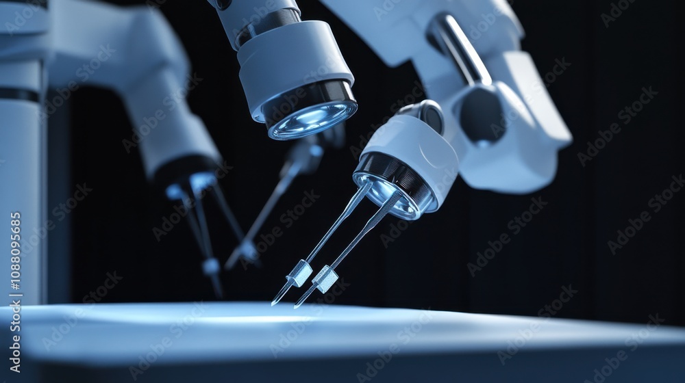 Poster a detailed shot of a robotic surgical arm performing a delicate surgical procedure with precision in
