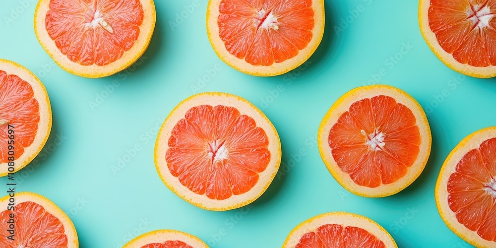 Fototapete fresh grapefruit slices on a colorful background. top view. copy space. a creative summer idea. halv