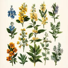 Vintage Botanical Illustrations Blooming Flowers Yellow Blue Orange White Background