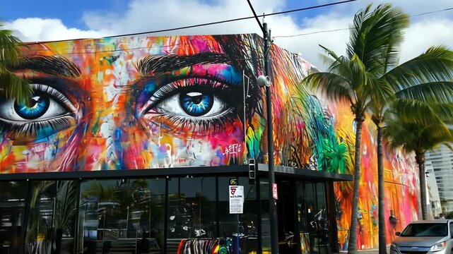 A colorful building facade is adorned with a massive mural of a woman's eye, painted in bright, expressive strokes