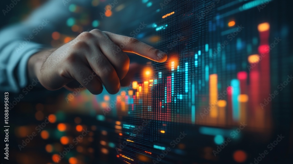 Poster hand pointing at a digital screen showing stock market data, charts, and graphs.