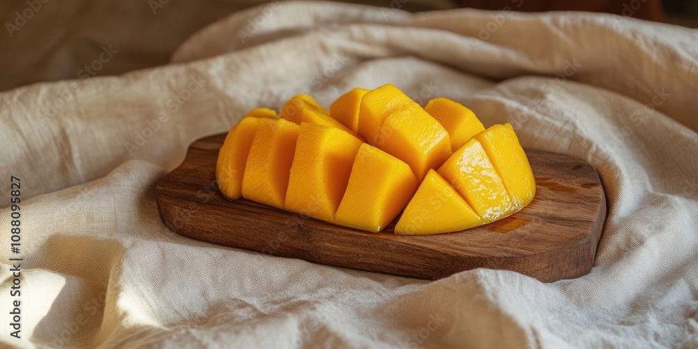 Poster the mango is sliced into pieces and placed on a wooden board on a linen tablecloth.