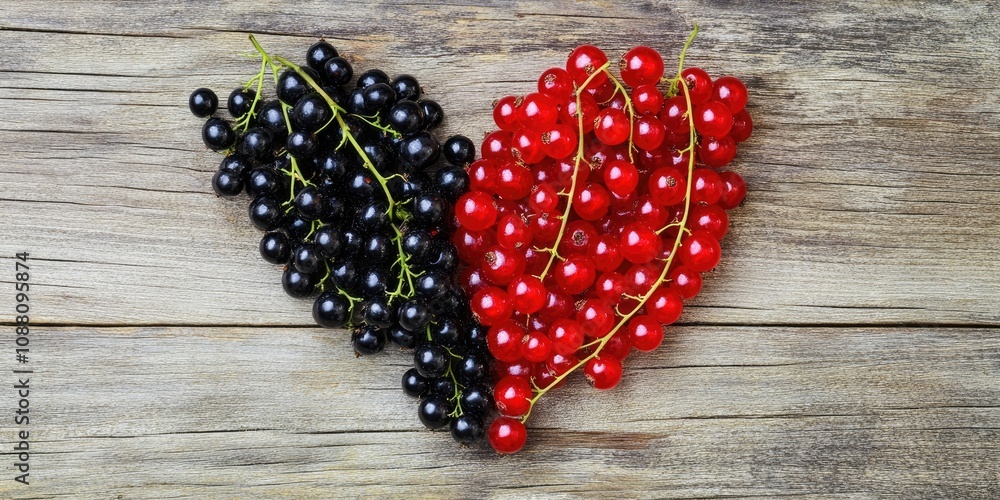 Poster Black currants and red currants arranged in a heart shape on a wooden table.
