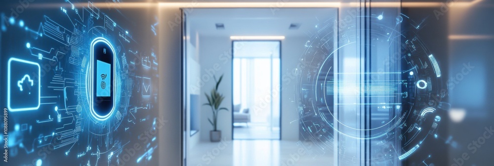 Poster The entrance showcases advanced security systems including cameras, motion detectors, and a fingerprint scanner for home protection. Generative AI