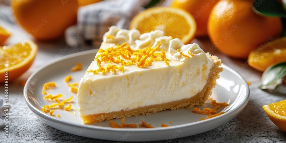 Poster Closeup of a slice of orange chiffon ice box pie in selective focus with a shallow depth of field. It is garnished with orange zest and surrounded by citrus fruits.