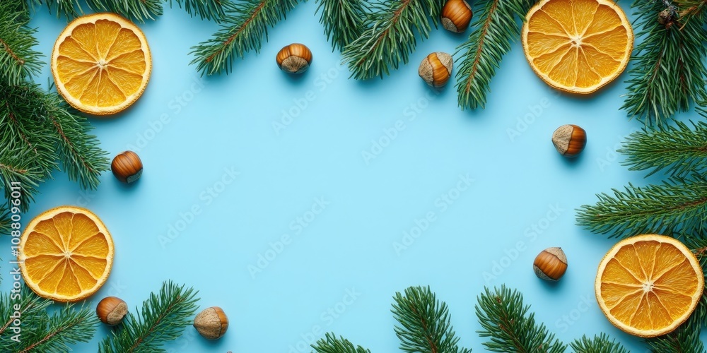 Poster green conifer branches with dried orange slices and hazelnuts on a blue background featuring copy sp