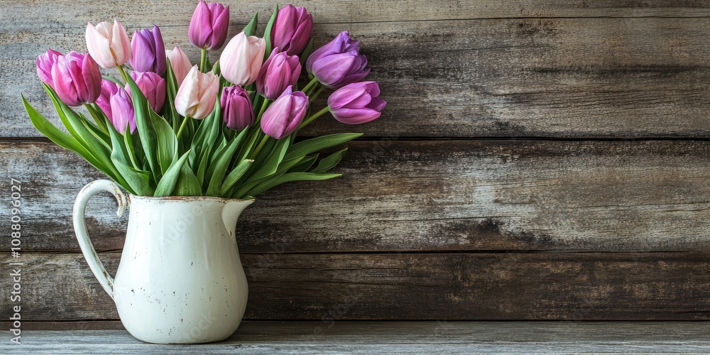 Poster pink and purple tulips in a vintage white jug on a rustic wooden surface in a vertical layout with s