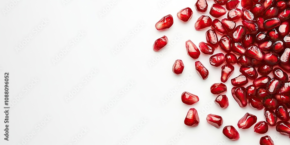 Poster Background featuring red pomegranate seeds. The dispersed red grains of a pomegranate are set against a white background. Pomegranate at the edge of the image with copy space for text. Top view.