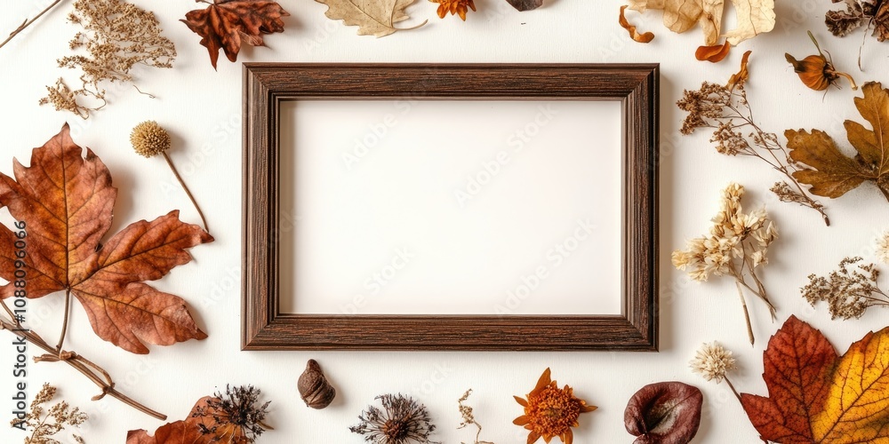 Aufkleber autumn arrangement. mockup of a photo frame featuring dried leaves and flowers on a white backdrop. 