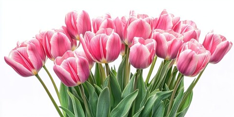 Fototapeta premium Tulips. Timelapse of vibrant pink striped tulips blooming against a white background. Time lapse of a bunch of spring flowers opening, close-up. Holiday bouquet.