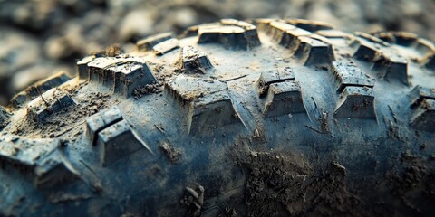 Fototapeta premium Old, worn, weathered, abandoned, and dirty texture of a used MTB bicycle tire, close-up with selective focus blur and copy space background.