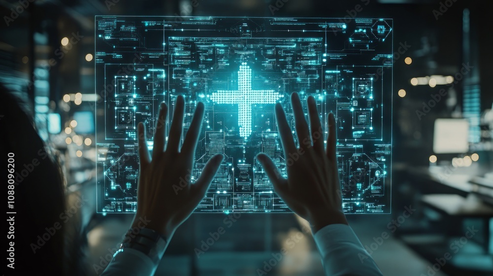 Poster hands interacting with a holographic cross on a futuristic interface.