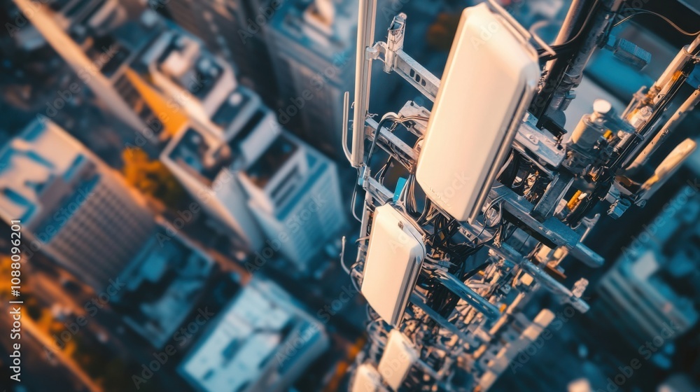 Poster A detailed view of a 5G small cell antenna array, facilitating high-speed wireless communication in urban areas, 5G technology style