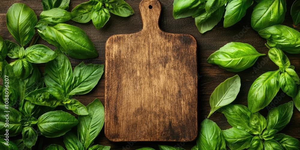Poster empty wooden cutting board set against a background of various sweet basil leaves. healthy food conc