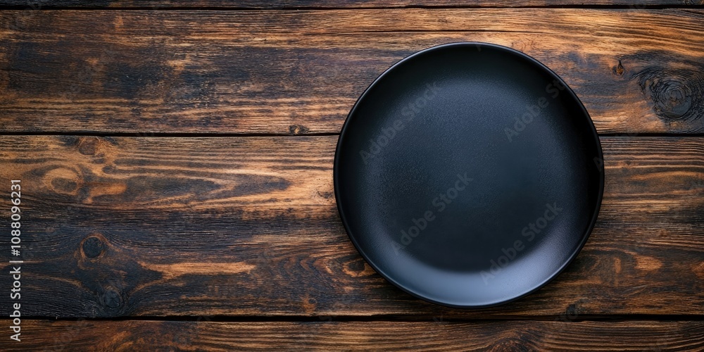 Poster table arrangement featuring a vintage empty black plate on rustic wood. dark backdrop. top view. cop