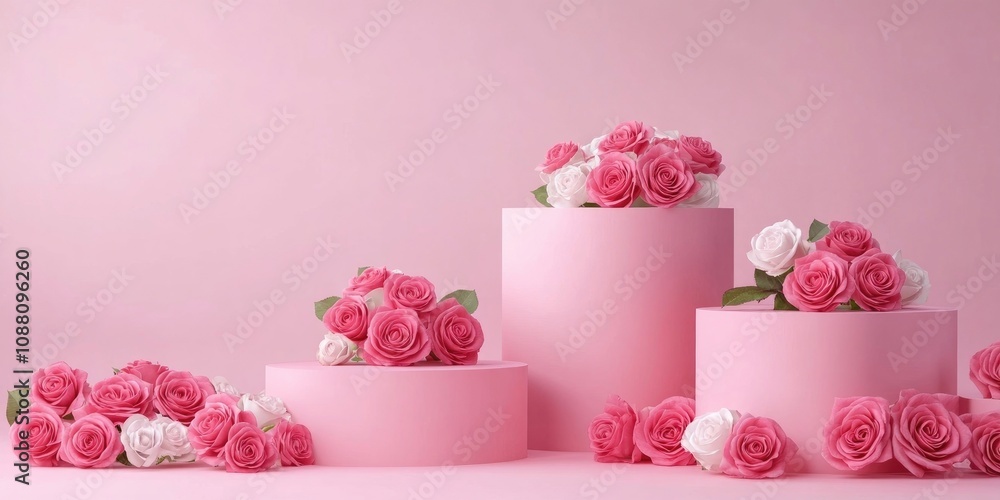Poster fresh roses are arranged around the cylindrical platforms against a pink background. there is ample 