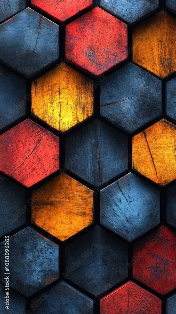 Poster abstract hexagonal pattern with vibrant colors and metallic textures.