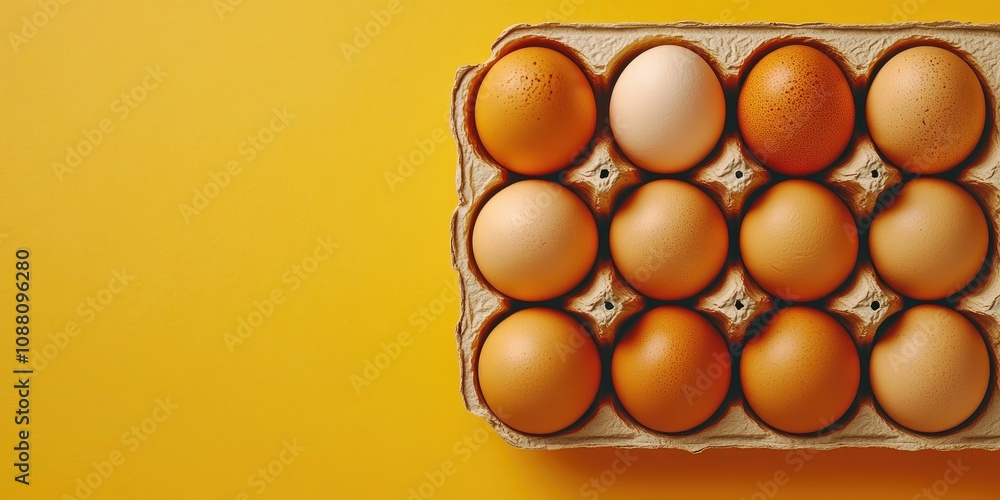 Poster Top view of brown chicken eggs inside an open egg carton set against a yellow background. Fresh chicken eggs backdrop. Top view with copy space. 
