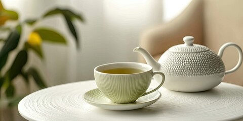 Fototapeta premium Close-up view of a cup of green tea alongside a teapot on a white round table.