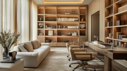 Fototapeta premium Modern Home Office With Built In Wooden Bookshelves