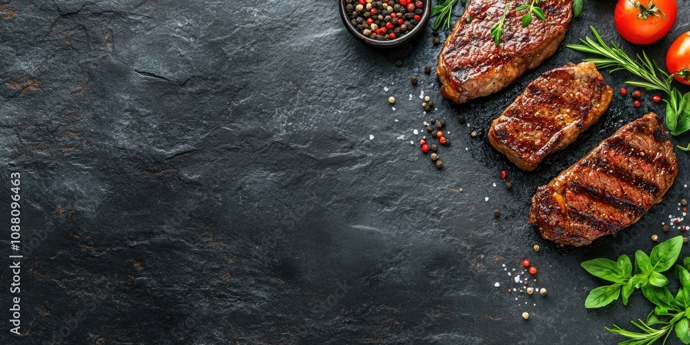 Poster grilled cowboy beef steak with herbs and spices on a dark stone background. barbecue. top view. copy