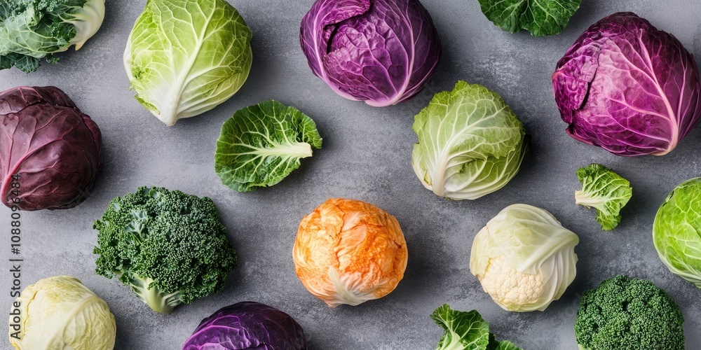 Poster Flat lay arrangement featuring various cabbages on a grey backdrop.