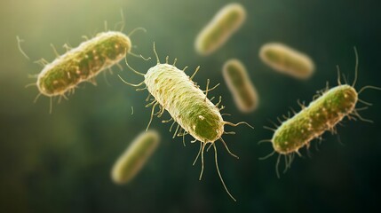 Naklejka premium Microscopic view of rod-shaped bacteria, floating in a dark background, illuminated from above.