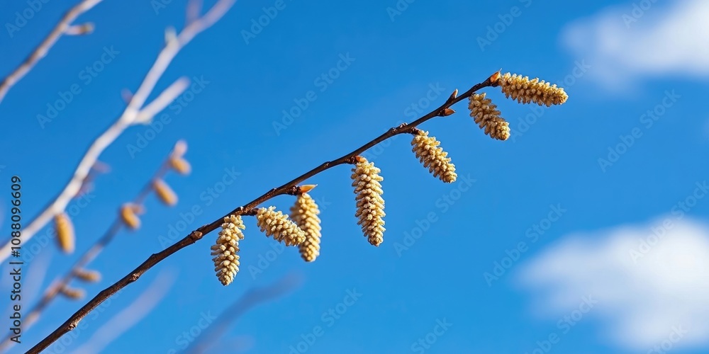 Poster spring birch catkins on a branch without leaves against a blue sky background. birch catkins as an a