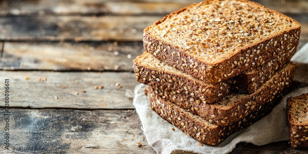 Poster flax seed bread from the bakery, a healthy meal or snack on the table, with copy space and a rustic 