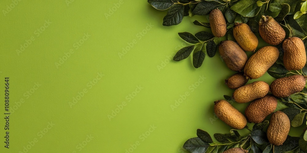 Poster tamarind fruit with seed isolated on a green background, featuring copy space for your text. top vie