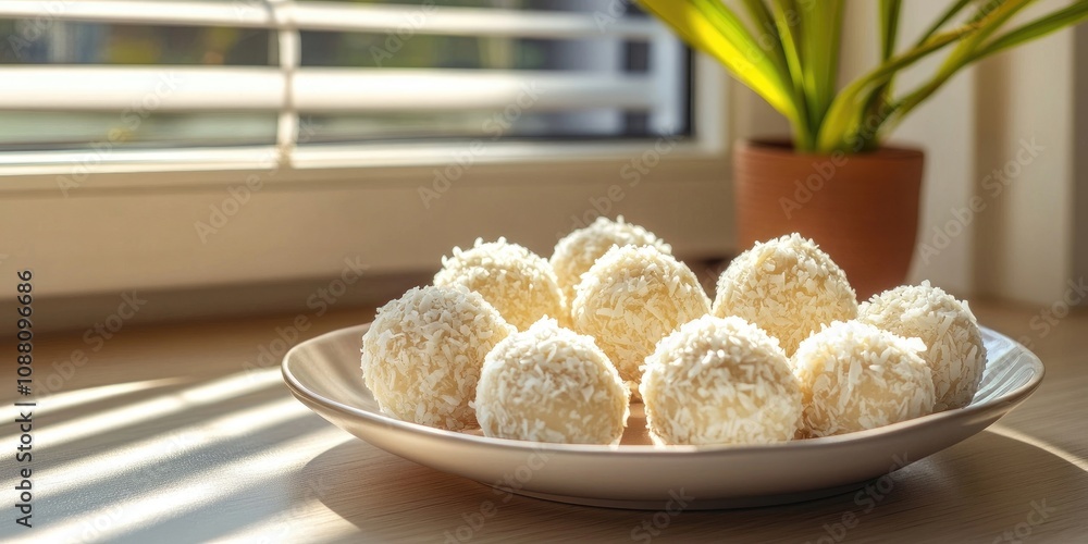 Aufkleber white chocolate coconut truffles on a plate with a window shade in the background. copyspace.