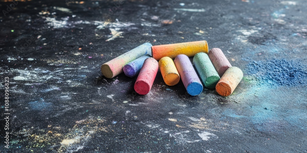 Poster copy space featuring various colored chalks on the floor.