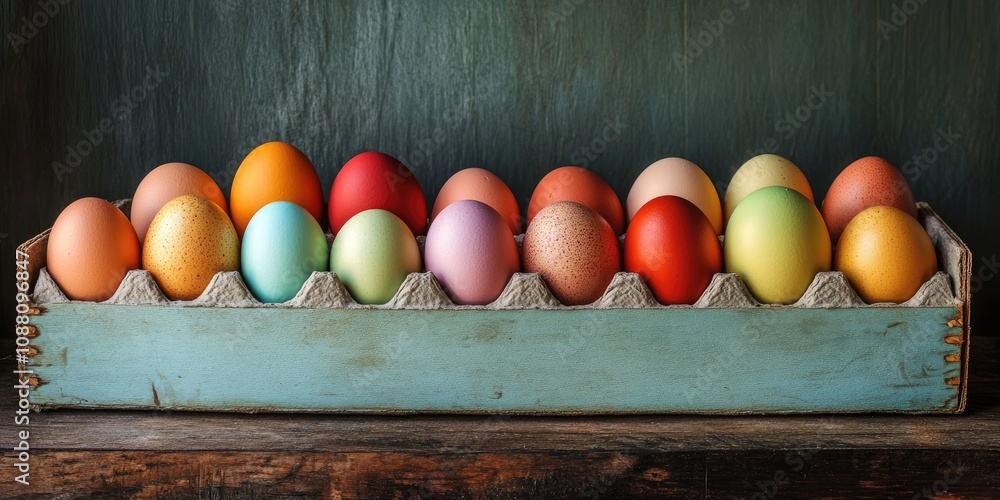 Poster a box filled with vibrant eggs on a rustic backdrop.