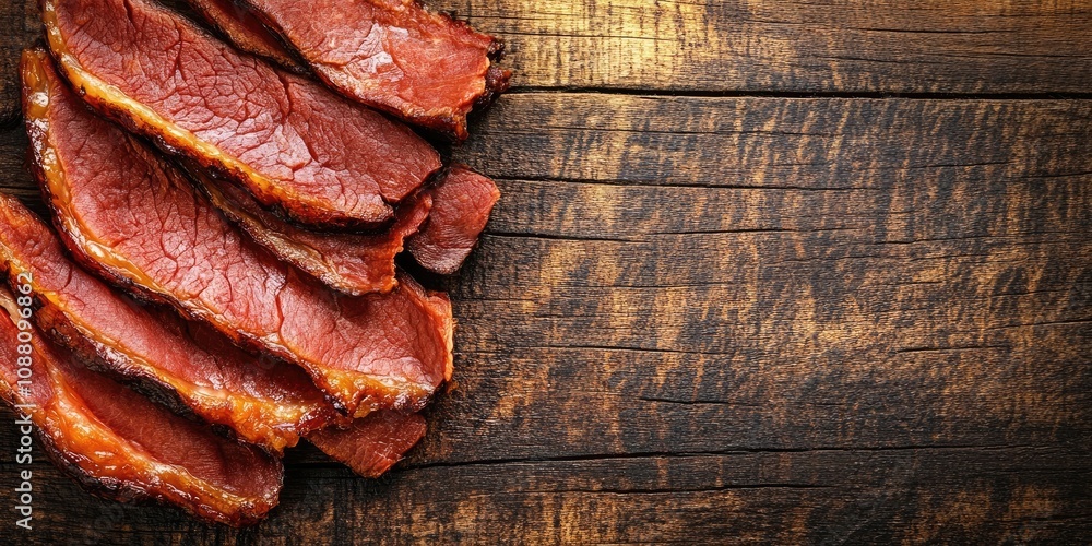 Poster slices of dried and smoked meat on a wooden table. top view. copy space.