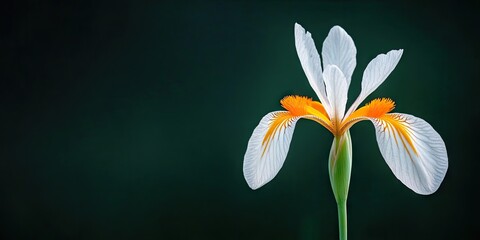 Closeup of a white and orange African iris, also known as Fortnight lily or Morea iris. The flower stands alone against a dark green background. Copy space. Wallpaper. Dietes iridioides.