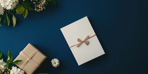 Stylish table arrangement featuring a greeting card and gift box on a dark blue backdrop. Concept for Father's Day celebration.