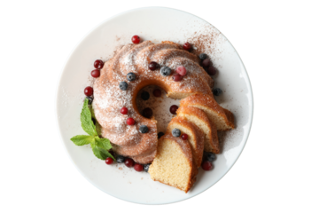 PNG, Christmas cake, cake in a plate, top view, isolated on white background.