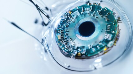A detailed view of a bionic eye implant prototype, showing microelectronics and neural interface, Biomedical engineering style