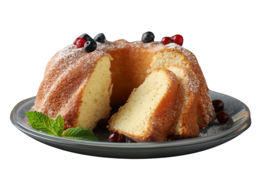 PNG, Christmas cake, cake in a plate, side view, isolated on white background.