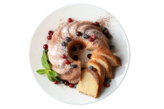 PNG, Christmas cake, cake in a plate, top view, isolated on white background.